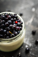 Freshly harvested bilberries with plain greek yogurt in the jar. Selective focus. Shallow depth of field.
