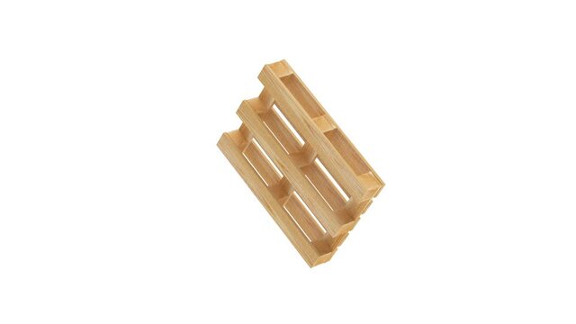 3D animation of one empty wooden pallet rotates on an edge isolated on a white background. Alpha channel. 4K resolution.
