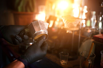 Hand pour coffee from Moka Pot coffee. Coffee shop in Asia.