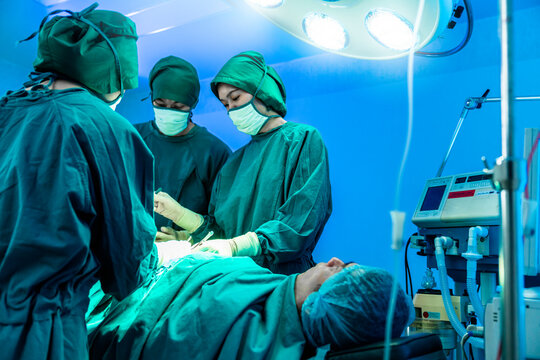 Group Of Asian Doctor And Nurse Surgeons In Hospital Operating Theater. Medical Team Performing Surgery In Operation Room.Medical Team Doing Critical Operation.health And Wellness Concept