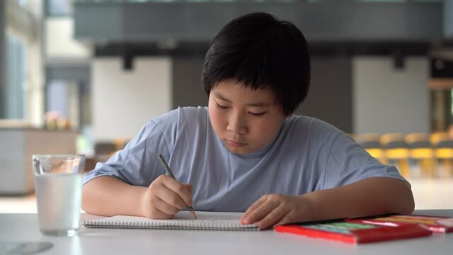 Asian boy drawing an art picture and study in school indoor