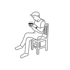 A man sitting  with crossed leg on a chai, playing a game on the phone. Relax time, vacation time, stay home. Vector illustration comic outline drawing.