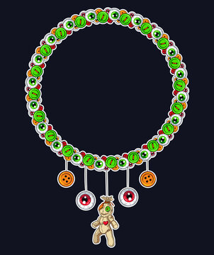 Round frame made of eyeballs and buttons decorated with pending voodoo doll, eyeballs and buttons. Isolated on dark background. Vector illustration for your Halloween, costume party and other designs.