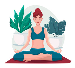 Woman sitting in lotus position practicing meditation. Yoga girl vector illustration.