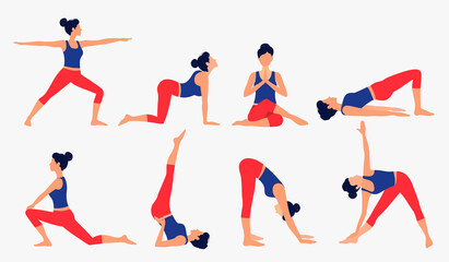 Various yoga poses set. Female yoga vector illustration. Healthy lifestyle. - 379108455