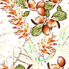 Floral seamless pattern, pine cone, grapes and berries.