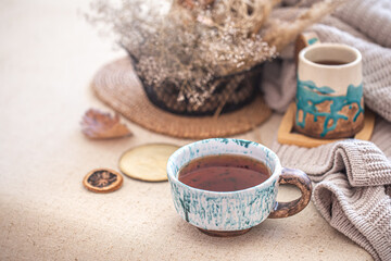 Obraz na płótnie Canvas Cozy home still life with a Cup of tea on the table.
