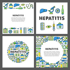 Set of cards with lettering and doodle colored hepatitis medical icons including liver, microscope, syringe, test tube, eye, first aid kit, stethoscope loupe, virus isolated on white background.