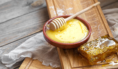 Natural honey and honeycomb with honey close-up