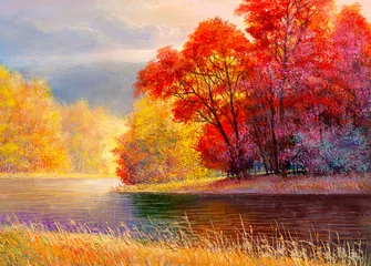 Peel and stick wall murals Orange Autumn on the river. landscape . Painting: canvas, oil.