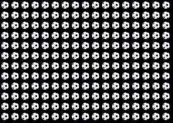 Background for banner with repetitive pattern of soccer or football ball isolated on black background. Sport backdrop