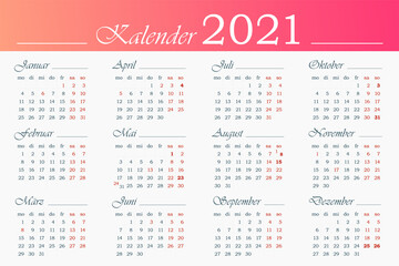 Calendar 2021 template in german. 12 months with highlighted holiday events. Week starts on Monday. Horizontal Vector editable calendar design.