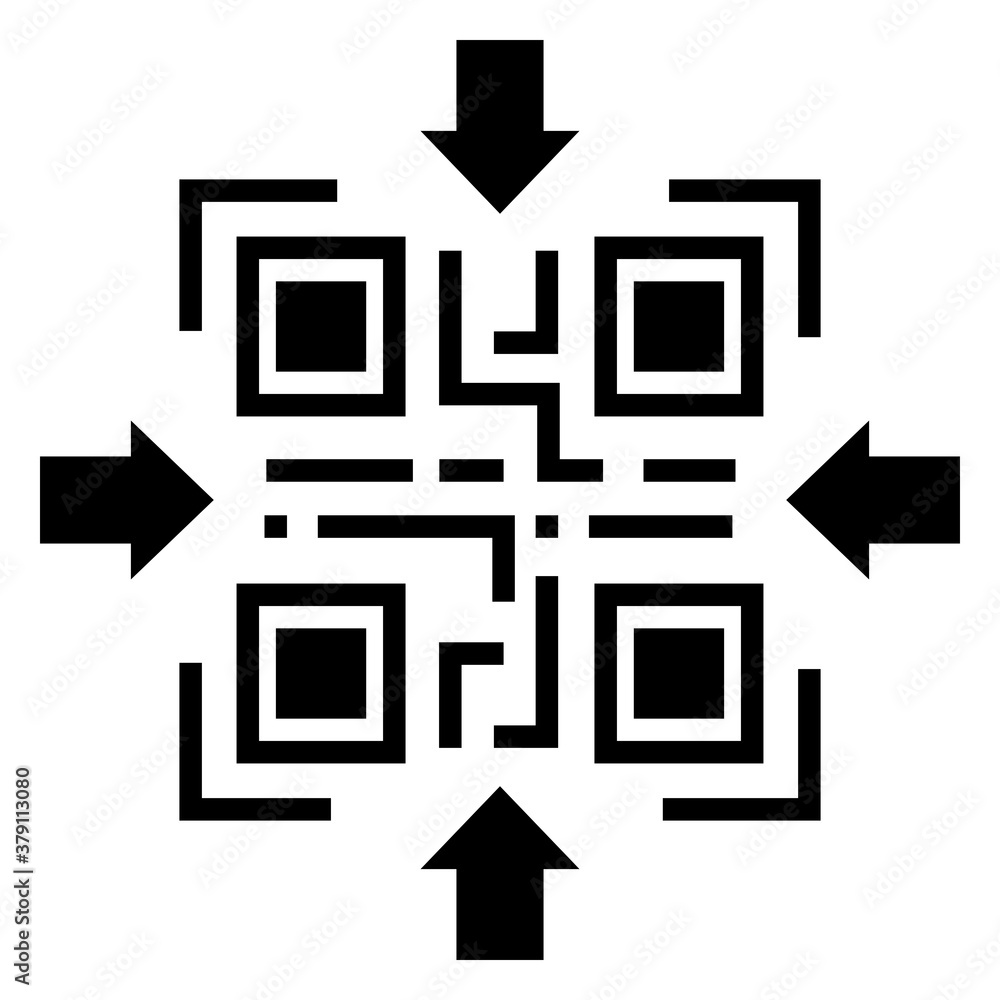 Poster qr code vector icon with arrow. stroke outline style. qr code for scanning smartphone isolate on whi