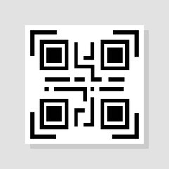 QR code vector icon. White label with shadow. QR code for scanning smartphone isolate on gray background. Vector illustration EPS10.