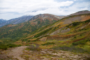 Fototapeta na wymiar View of the hills and valleys surrounding the volcano Vilyuchinskaya Sopka Kamchatka.
