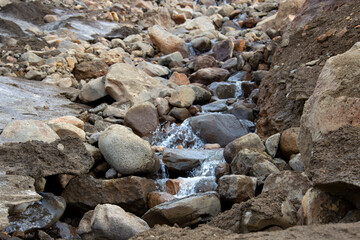 Shallow rocky mountain river. Kamchatka.