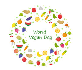 World Vegan Day. Vegetables and fruits, healthy food, weight loss, raw food concept template. Vector illustration