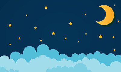 moon and stars in midnight .paper art style - Vector