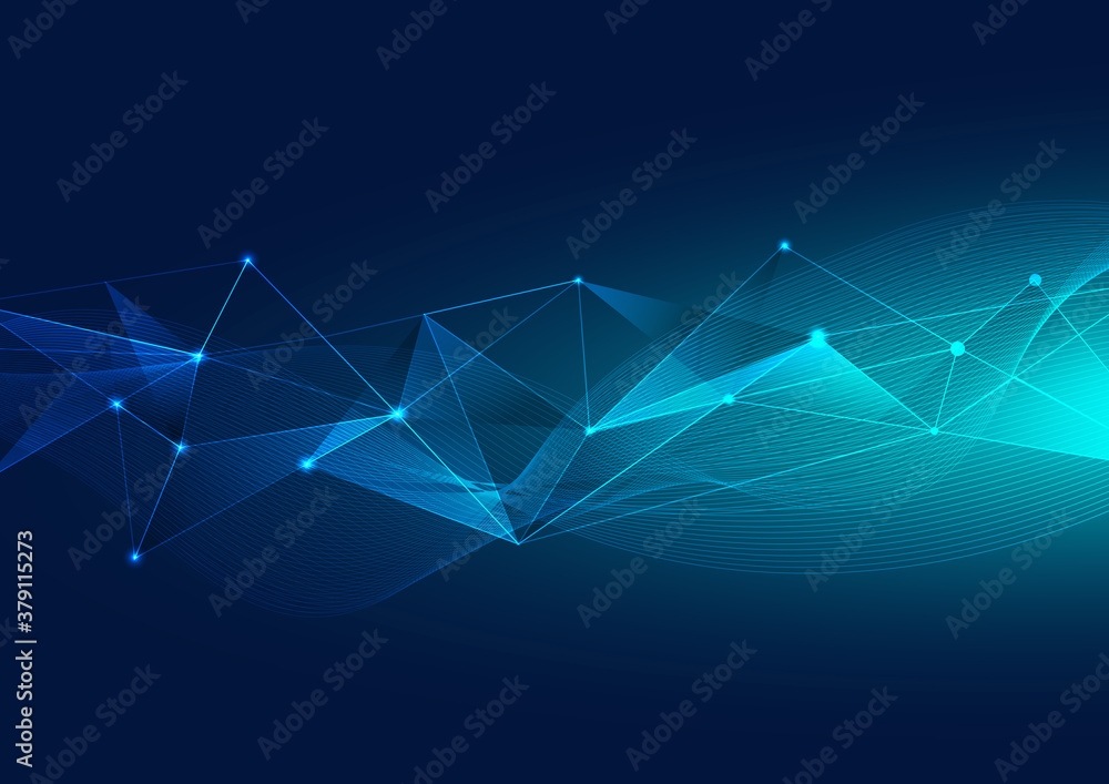 Poster abstract blue polygons background from lines, dot glowing particles with plexus effect