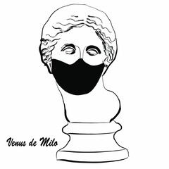 Trendy vector print with Venus statue head Miloskaya wearing face mask. Drawing of modern linear sketch portrait of goddess on white background. Sculpture of an ancient classical Greek god. 