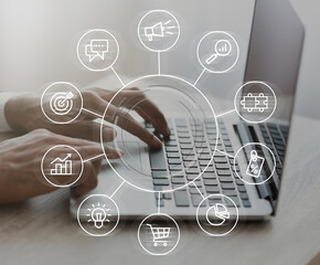 Digital Marketing Strategy Infographic Layered Over Businessman Working On Laptop, Creative Collage