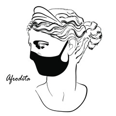 Trendy vector print with head of Aphrodite statue wearing face mask. Drawing of modern linear sketch of goddess profile portrait on white background. Sculpture of an ancient classical Greek god.