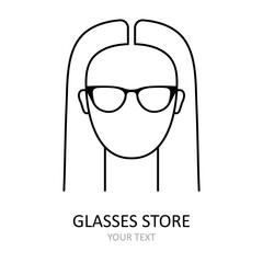 Vector icon. Illustration of woman wearing glasses. Art сan be used as logo for glasses store.