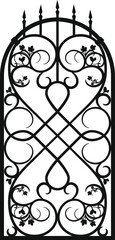 Fototapeta na wymiar Forged fence. Gothic door, vector design. Decorative garden gate. Metal pattern or iron wicket for garden, castel. Rich ornament. Scroll-work