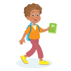Funny African American boy with a backpack and a book in his hand. In cartoon style. Isolated on white background. Vector flat illustration