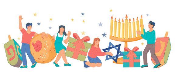 Happy children celebrating Hanukkah Jewish holiday. Tiny teens with huge symbols of Hanukkah such as candles and donuts, flat cartoon vector illustration isolated on white.