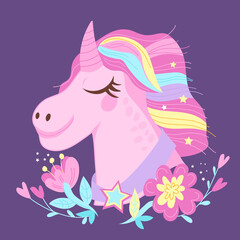Poster or card with unicorn fancy image and flowers, flat vector illustration. Cartoon unicorn with rainbow mane in pastel tints on violet background.