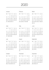 A5 format. Organizer and bullet journal printable page. Perfect minimalist calendar. 2020 year. Week starts at Monday. European English Gregorian calendar. Planner sticker. Stationery. Vector.