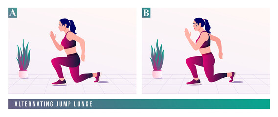 Alternating Jump Lunge exercise, Women workout fitness, aerobic and exercises. Vector Illustration.	