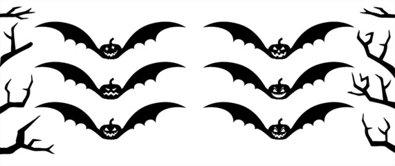 Happy halloween party. Flying bats pumpkins face. Funny flat vector signs. 31 october fest, horror. Pumpkins icons. Emotion smiley, smile, emoji emoticons faces. Creepy, Fly bat pictogram.