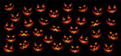 Fototapeten Happy halloween party Pumpkin face. Funny flat vector signs. 31 october fest, horror. Pumpkins icons. Emotion smiley, smile, emoji emoticons faces. Creepy, Fly bat pictogram. © MarkRademaker