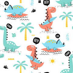 Vector hand-drawn children’s illustration, print, card with three cute dinosaurs, seamless pattern. © miniwhale