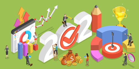 2021 Financial Year, Business Planning and Data Analysis. 3D Isometric Flat Vector Conceptual Illustration.