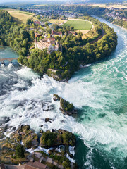 Aerial photography with drone of Rhine Falls with Schloss Laufen castle, Switzerland. Rhine Falls...