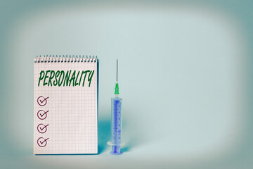 Conceptual hand writing showing Personality. Concept meaning the condition or fact of relating to a...