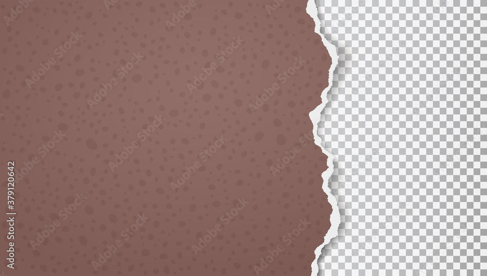 Poster torn, ripped dark brown paper with pattern of shapes, soft shadow are on transparent background for 