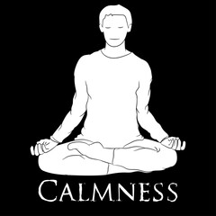 Vector illustration. Isolated meditating man with text on a black background. Design element for poster, banner, clothes. Simple flat style.