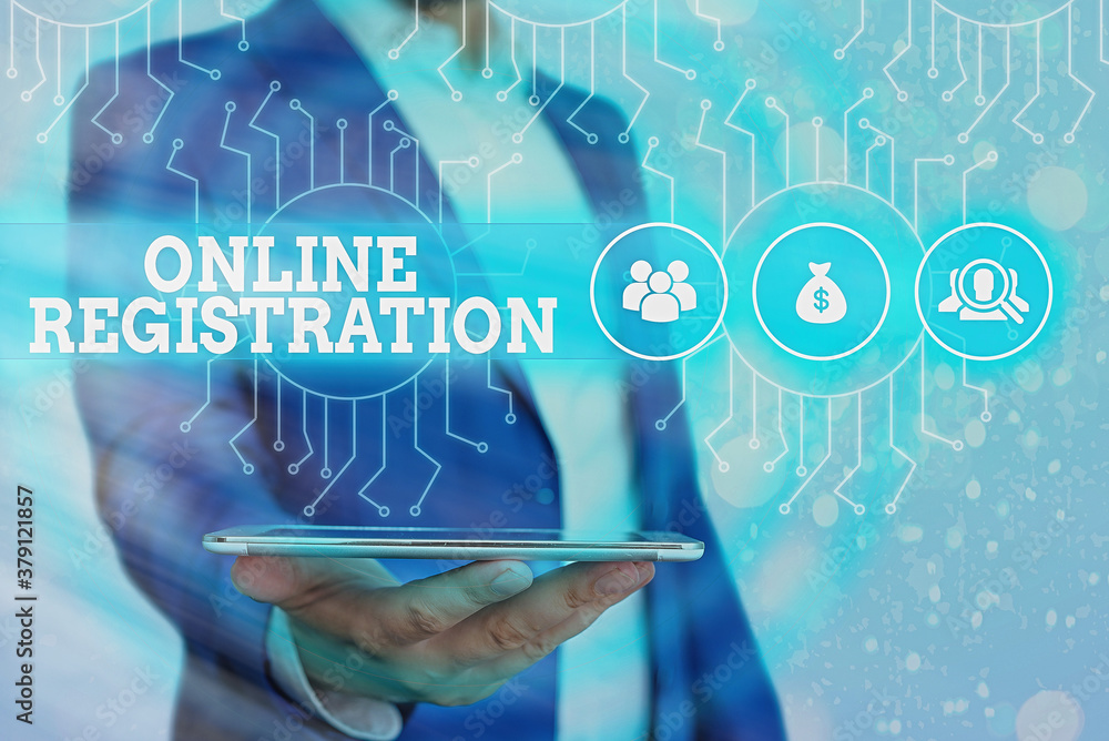 Poster conceptual hand writing showing online registration. concept meaning system for subscribing or regis