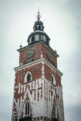 Town Hall Tower of Krakow, Poland, on a sunny day. Also called wieza ratuszowa w krakowie, it is a major landmark of the historical center of Krakow, Poland.