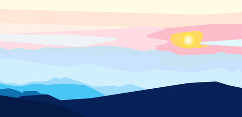 Landscape with silhouettes of mountains at sunset. For prints, posters, wallpaper, background.