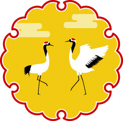 縁起物　鶴と霞と七宝繋ぎと雪輪模様