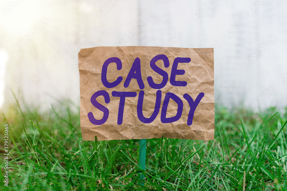 Poster word writing text case study. business photo showcasing analysis and a specific research design for 