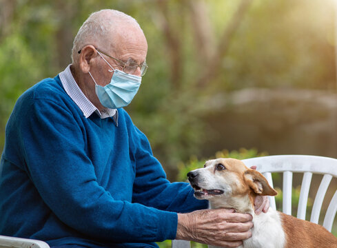 Senior Man Wearing Mask And With Dog Sitting In Park