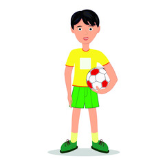 A boy in a yellow t-shirt, a soccer player with a red and white soccer ball. Funny cartoon character. Vector illustration