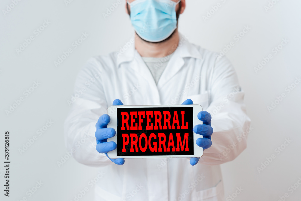 Aufkleber conceptual hand writing showing referral program. concept meaning employees are rewarded for introdu