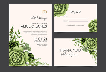 Set of card with flower rose, leaves. Wedding ornament concept. Floral poster, invite. Vector decorative greeting card or invitation design background